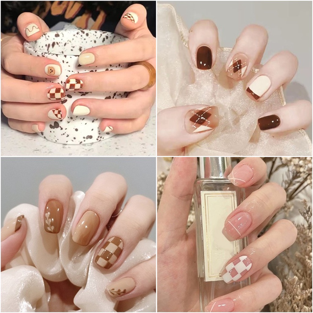 Set 24 móng tay giả họa tiết đính nơ đáng yêu / móng tay giả kèm keo / móng tay giả đính đá