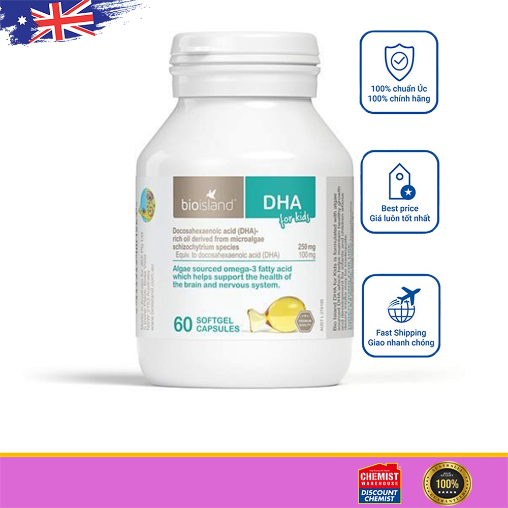 Viên Bổ sung dầu cá DHA cho bé của Úc Bio Island DHA Kids 60 viên