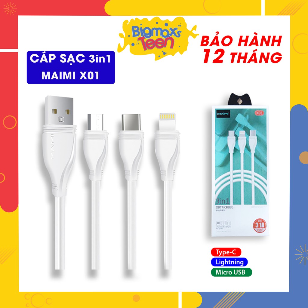 Cáp sạc nhanh 3 in 1 Maimi X01 chính hãng siêu bền hỗ trợ cổng: Lightning, Micro Usb, Type C - tương thích mọi thiết bị