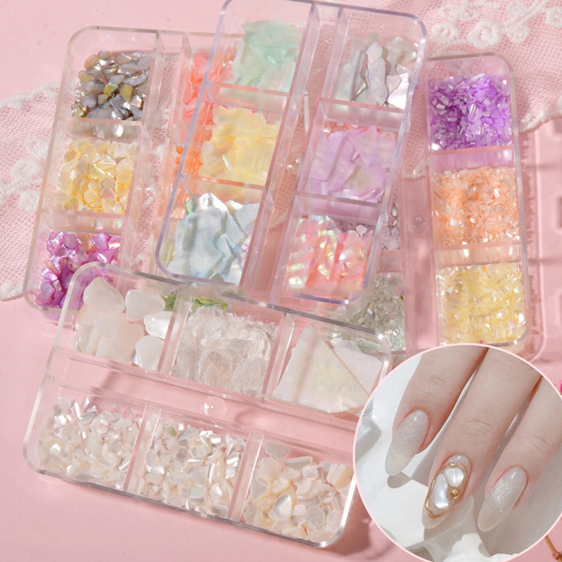 Hộp Đá Vỏ Sò 3D Nhiều Màu Sắc Dùng Trang Trí Móng Tay 6 Girds