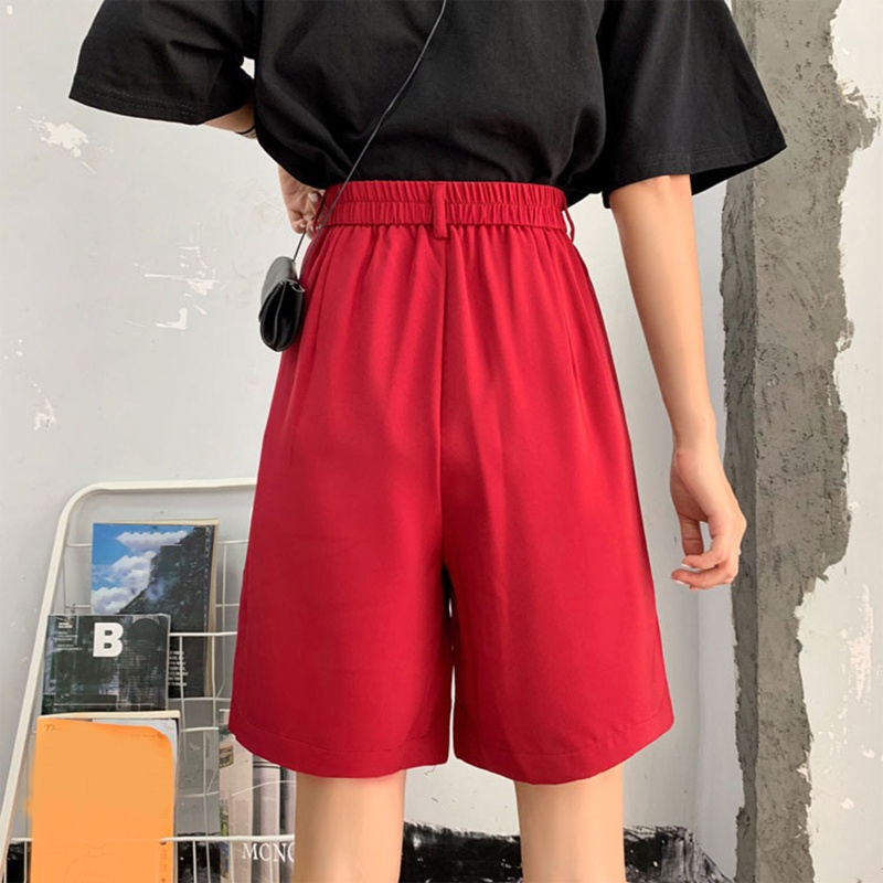Quần ngắn ống rộng Lưng Cao Co Giãn Màu Sắc Trơn Phong Cách Hàn Quốc Cho Nữ