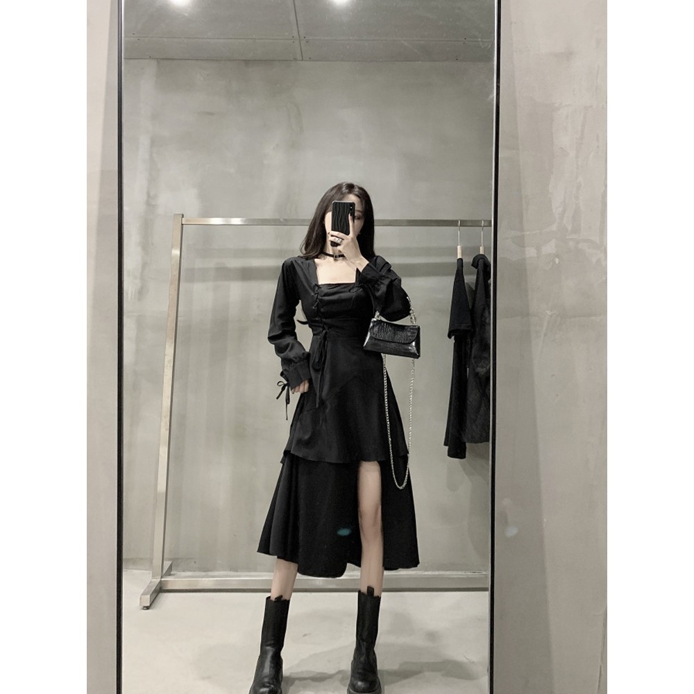 Đầm đen đan dây black gothic vạt lệch siêu cá tính style HQ