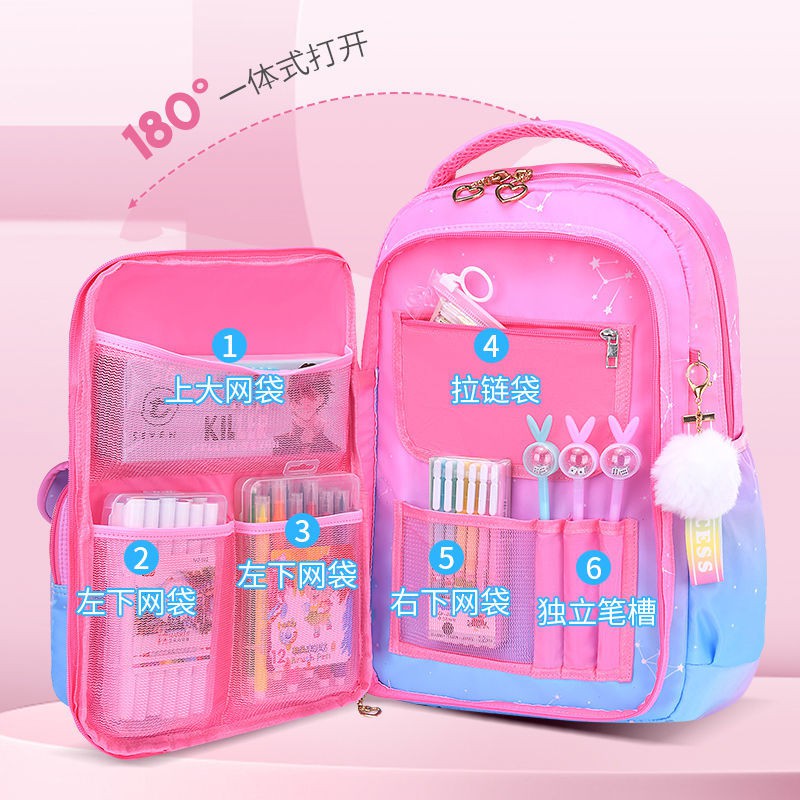 Cặp học sinh mới cho bé gái tiểu học phiên bản Hàn Quốc, dễ thương, nhẹ, chống thấm nước, cấp 1-3, 4-6, ba lô lưới công