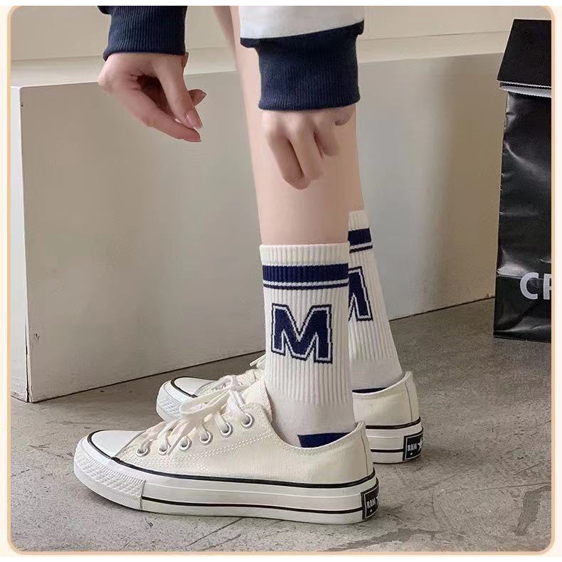 Vớ Cotton Cổ Cao Vừa In Chữ Màu Xanh Navy Thời Trang Cho Nam Và Nữ