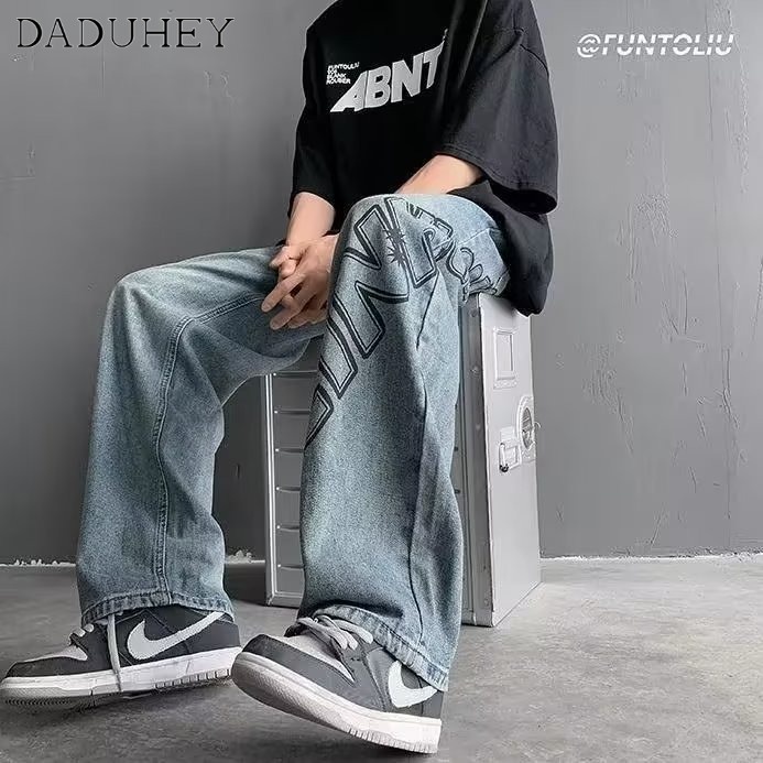 DaDuHey American Street Jeans Men's Autumn Loose Straight Pants Fashion Brand Retro Fried Street Washed Casual Pants
