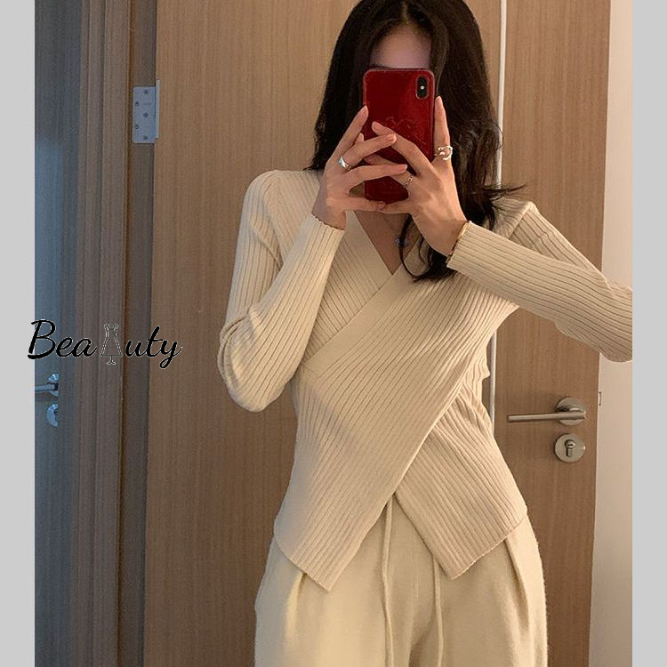 [MURIOKI] Áo Dệt Kim Cổ Chữ V Thiết Kế Đan Chéo Thời Trang Mùa Thu Cho Nữ