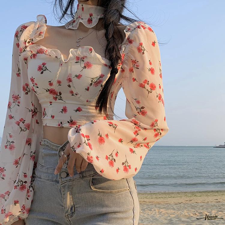 Áo Kiểu Trễ Vai Tay Phồng In Hoa Thời Trang Cho Nữ