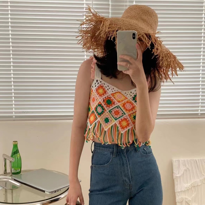 Áo Croptop Hai Dây Dáng Rộng Họa Tiết Hình Học Phối Tua Rua Nhiều Màu Sắc Thời Trang Đi Biển Cho Nữ