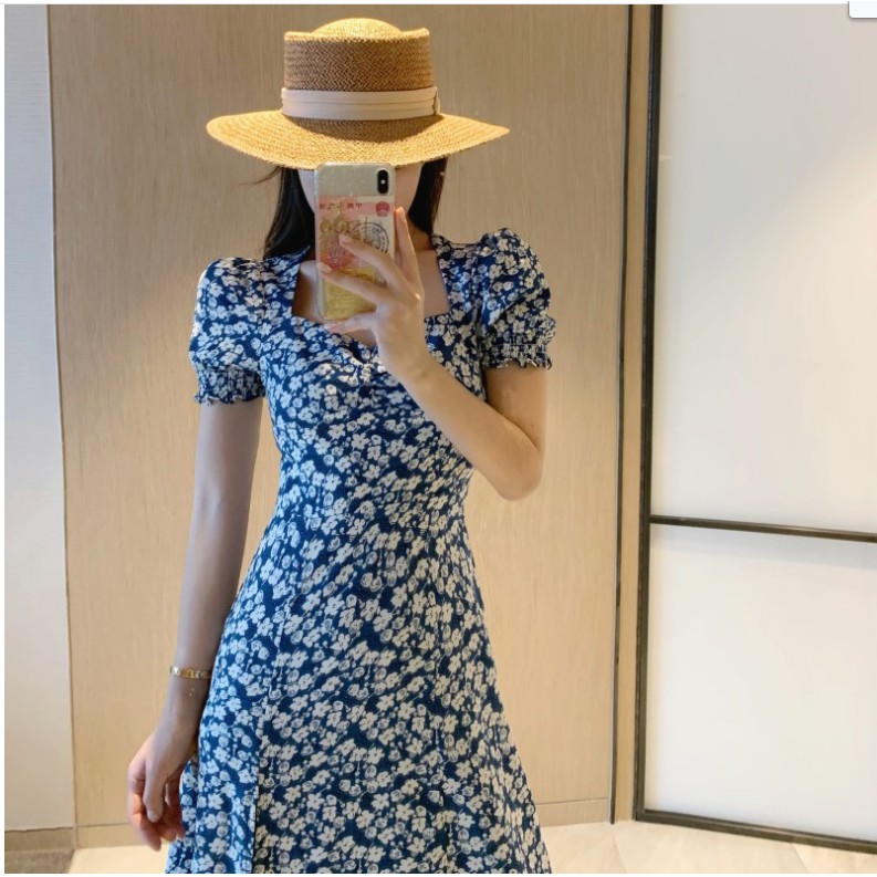 Váy đẹp💕FREESHIP💕Váy hoa nhí dáng dài cổ vuông xẻ tà xinh xắn