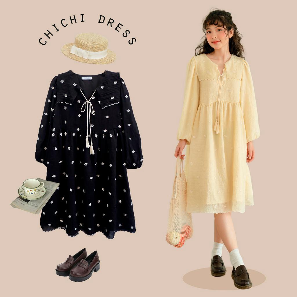 BLEUBIRD Váy xòe dáng dài vải tơ thêu Chichi Dress