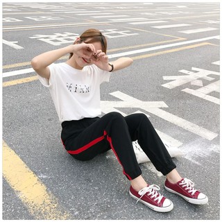 Quần thun nỉ Nữ thời trang sọc đỏ gấu bo WQ 07