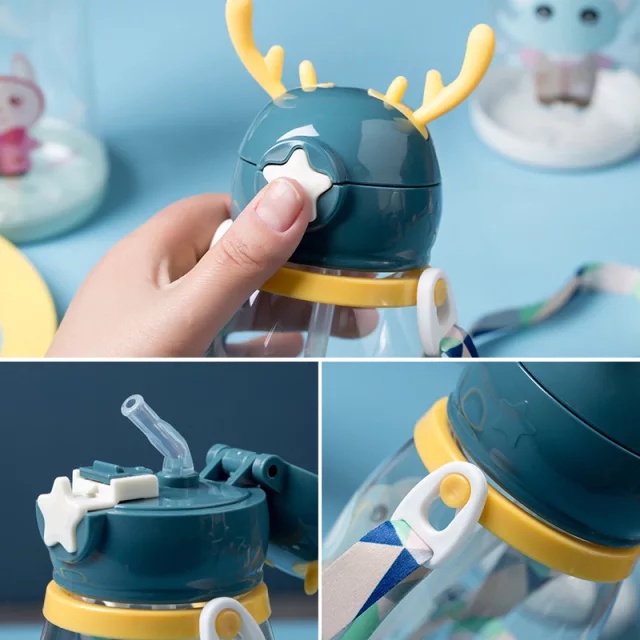 Bình đựng nước sừng hươu 700ml kèm ống hút và dây đeo cho bé, bình nước sừng hươu chống đổ cho bé mẫu mới