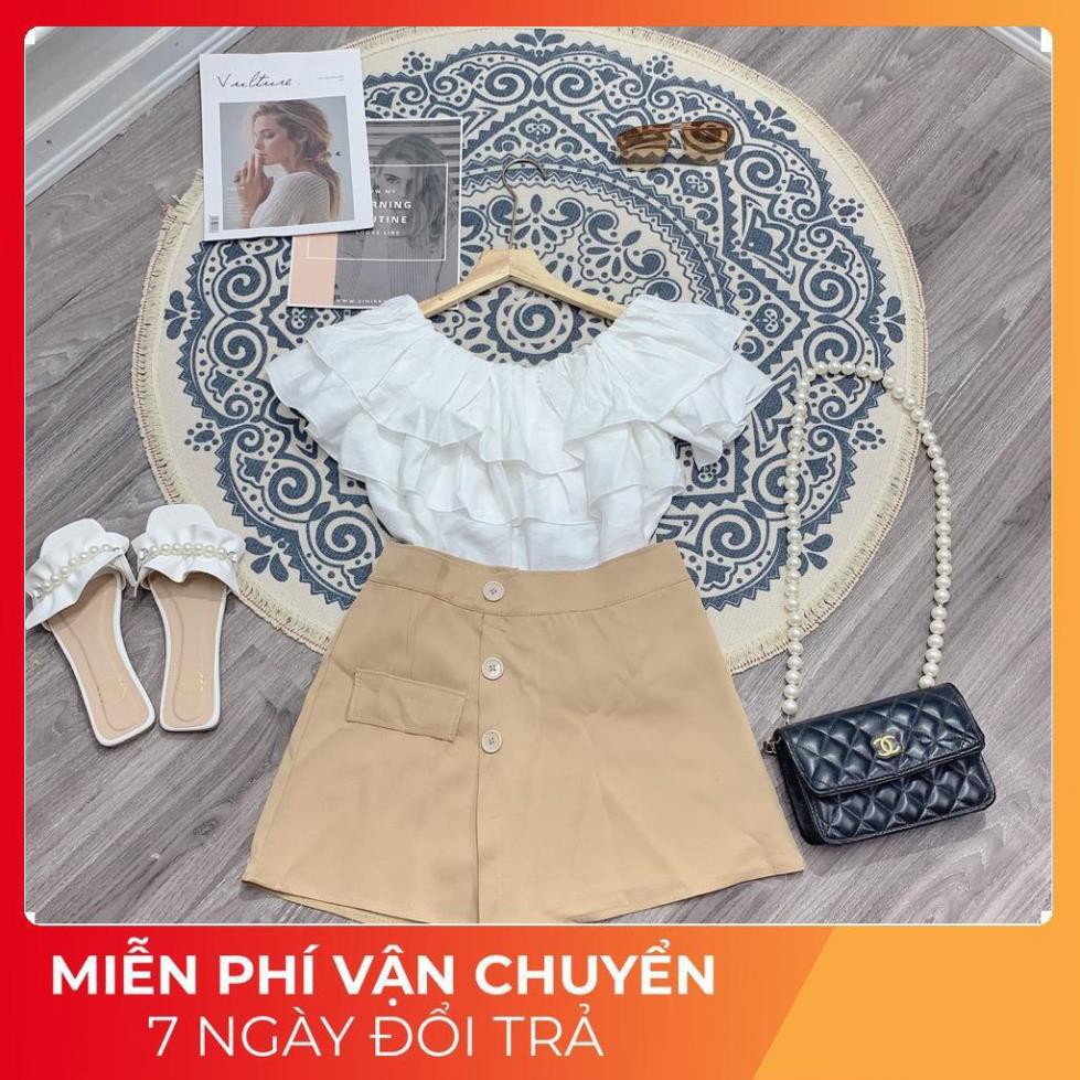 [ 𝐅𝐑𝐄𝐄 𝐒𝐇𝐈𝐏 ] Set Trễ Vai Tay Bồng Mix Chân Váy Cúc Xẻ Chữ A