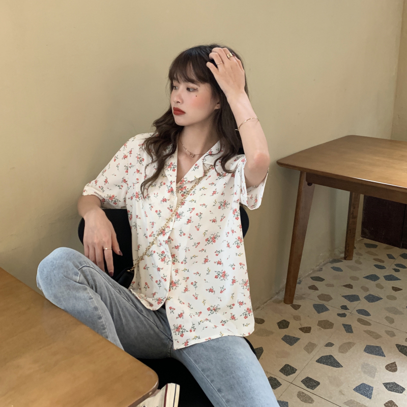 SUXI Áo Chiffon Hàn Quốc Tay Ngắn In Hoa