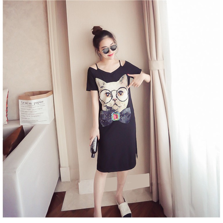 Đầm suông trễ vai họa tiết mèo