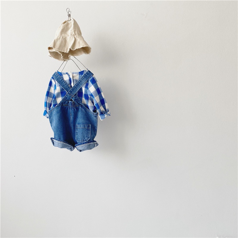 Bộ Áo Sơ Mi Tay Dài Kẻ Sọc + Quần Yếm Denim Ngắn Cho Bé Trai / Gái Mới Sinh