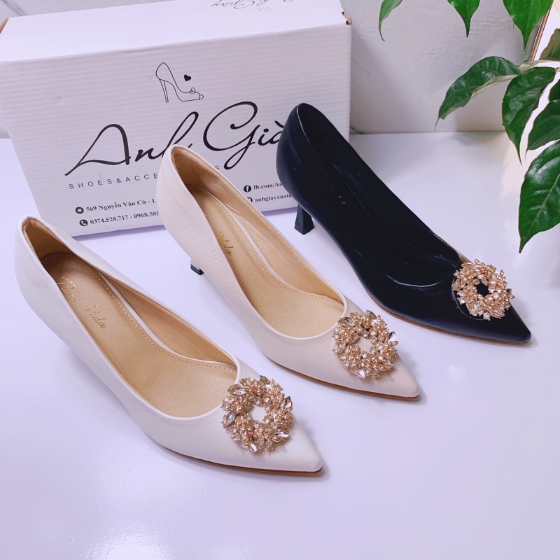 CG45 - Giày cưới , giầy cô dâu, Giày cao gót da lì gót nhọn 7p khoá tròn đá hàng VNXK cực chắc chắn kiểu dáng sang trọng