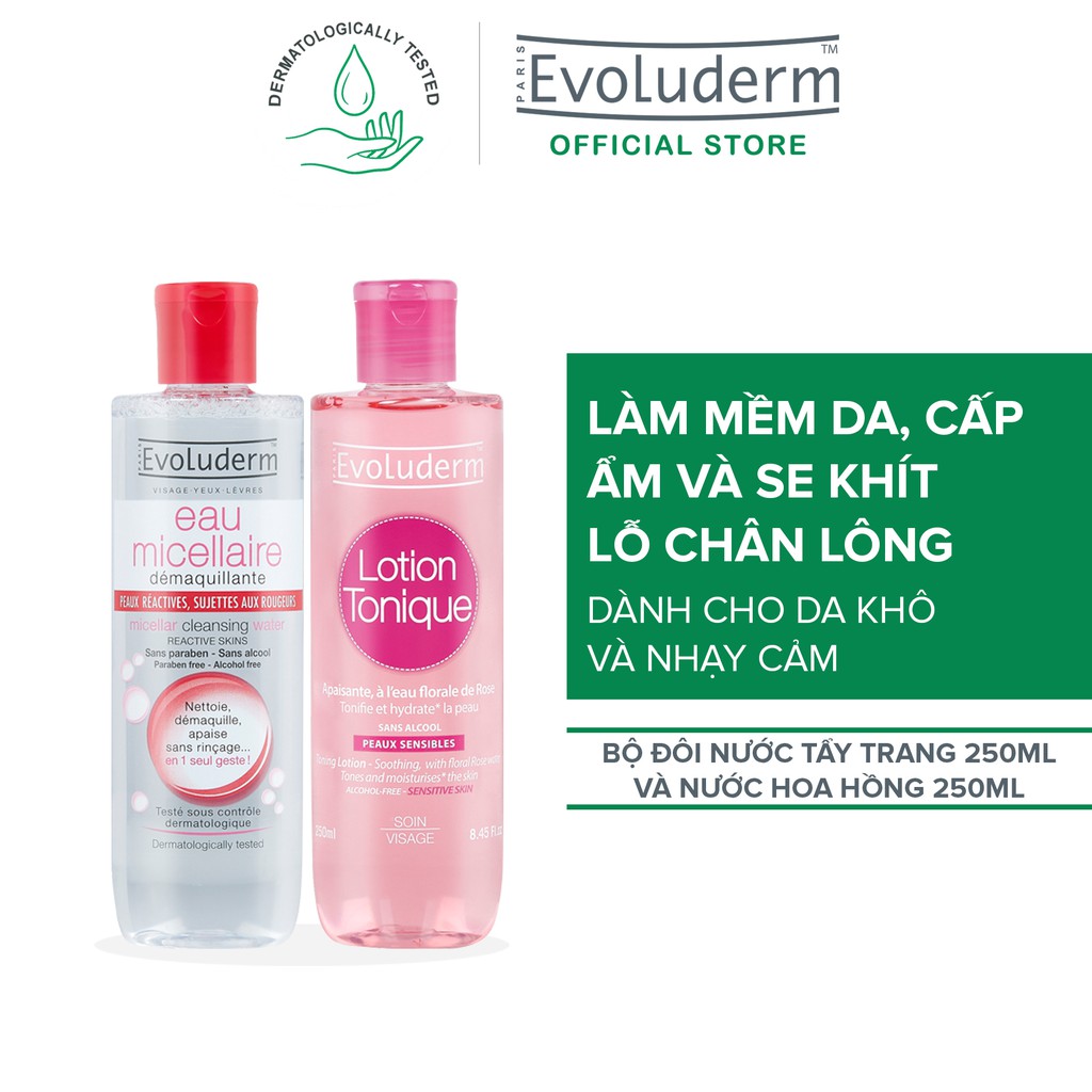 Bộ nước hoa hồng và tẩy trang dành cho da khô và nhạy cảm Evoluderm 250mlx2