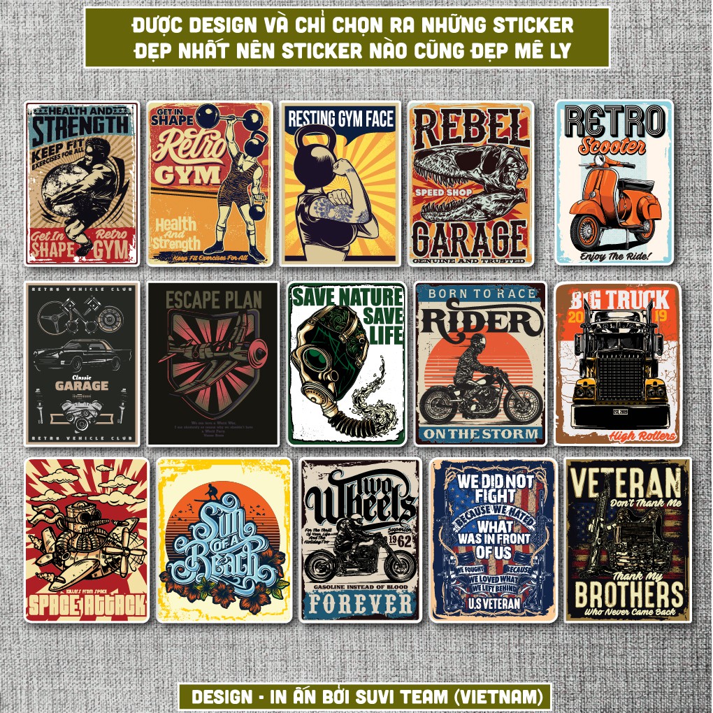 50 Sticker Vintage Retro 5 chống nước sticker dán laptop, điện thoại, đàn guitar, mũ bảo hiểm, vali. MSP:VR05