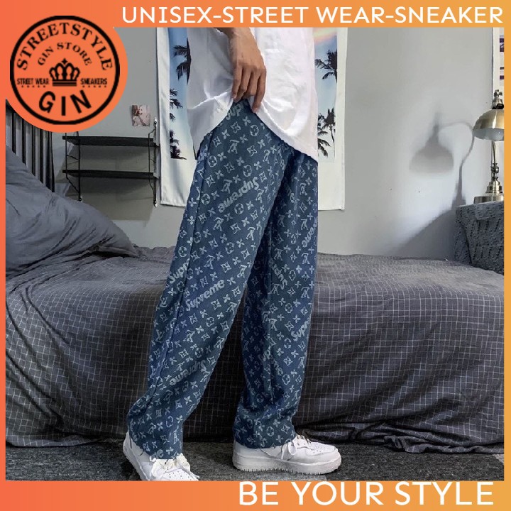 Quần Jean Nam Hàn Quốc Quần Baggy Quần Jean Ống Rộng Họa Tiết Lv - GIN STORE