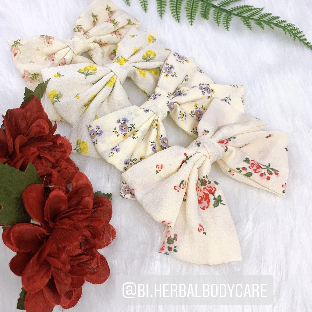 [Hàng thiết kế] Kẹp tóc nơ hoa nhỏ màu be handmade phong cách vintage dành cho tiểu thư