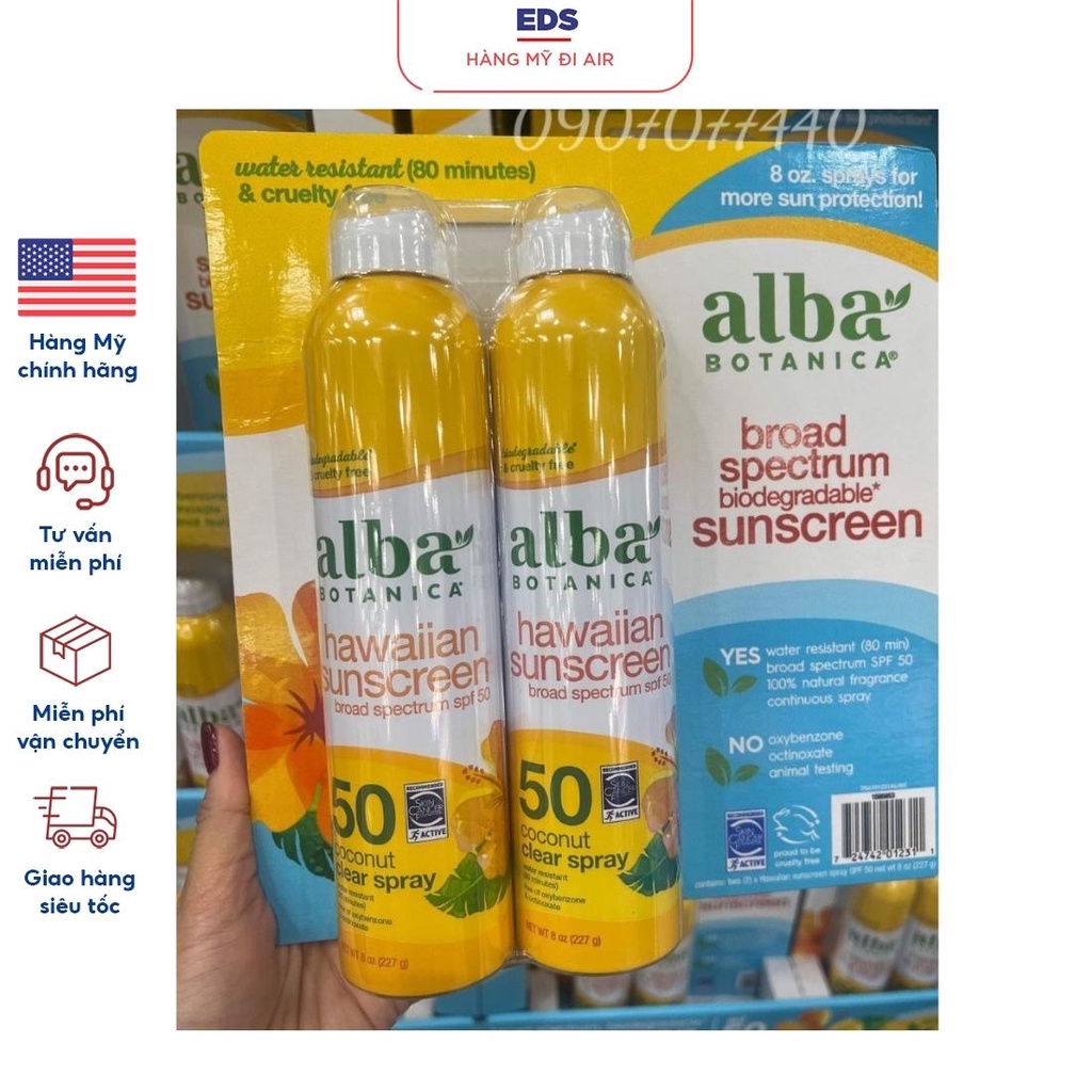 Xịt chống nắng Alba Botanica Hawaiian Sunscreen Coconut Clear Spray SPF50 đạt chuẩn FDA - EDS Hàng Mỹ