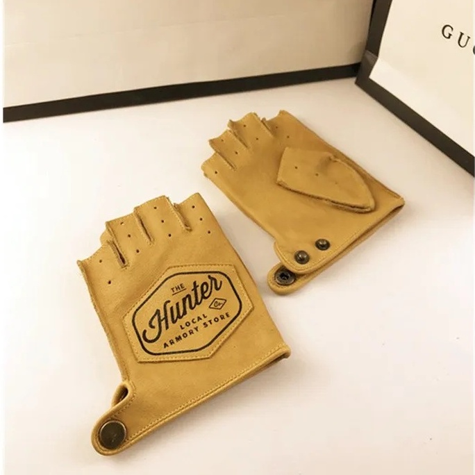 Găng Tay Hở Ngón Bằng Da Chống Trượt Phong Cách retro Dùng Khi Lái Xe Mô Tô