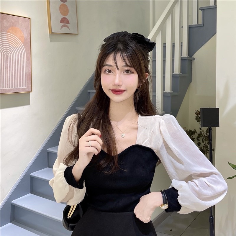 Áo Len Tăm Cổ Vuông Phối Tay Voan siêu Xinh, Áo Bánh Bèo,Áo Len Tăm