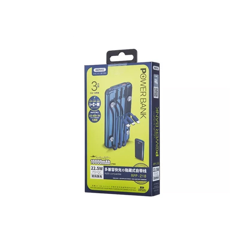 Pin dự phòng sạc nhanh Remax RPP-218 dung lượng 10000mAh QC và PD 22.5W - tích hợp 3 dây sạc