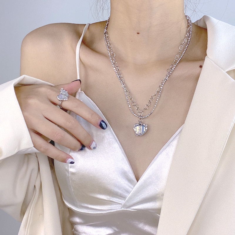 Bộ Trang Sức Vòng cổ Nhẫn Và Bông Tai Đính Đá zircon Trái Tim Nhỏ Lấp Lánh Sang Trọng Nhẹ Nhàng