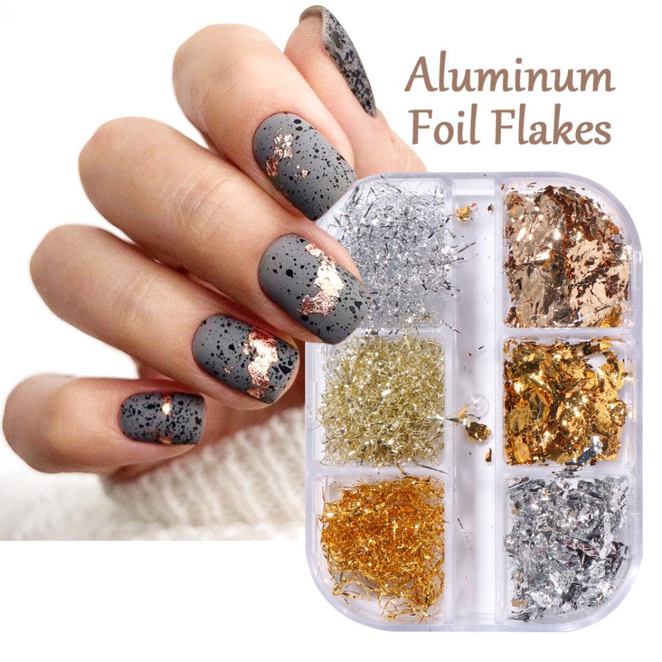 MONJA [Hàng mới về] Hộp 6 ngăn lá nhôm kim sa vàng bạc hình dáng không đồng đều trang trí móng tay nghệ thuật