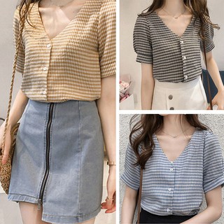 Áo sơ mi ngắn tay cổ chữ V họa tiết sọc ca rô quyến rũ thời trang cho nữ