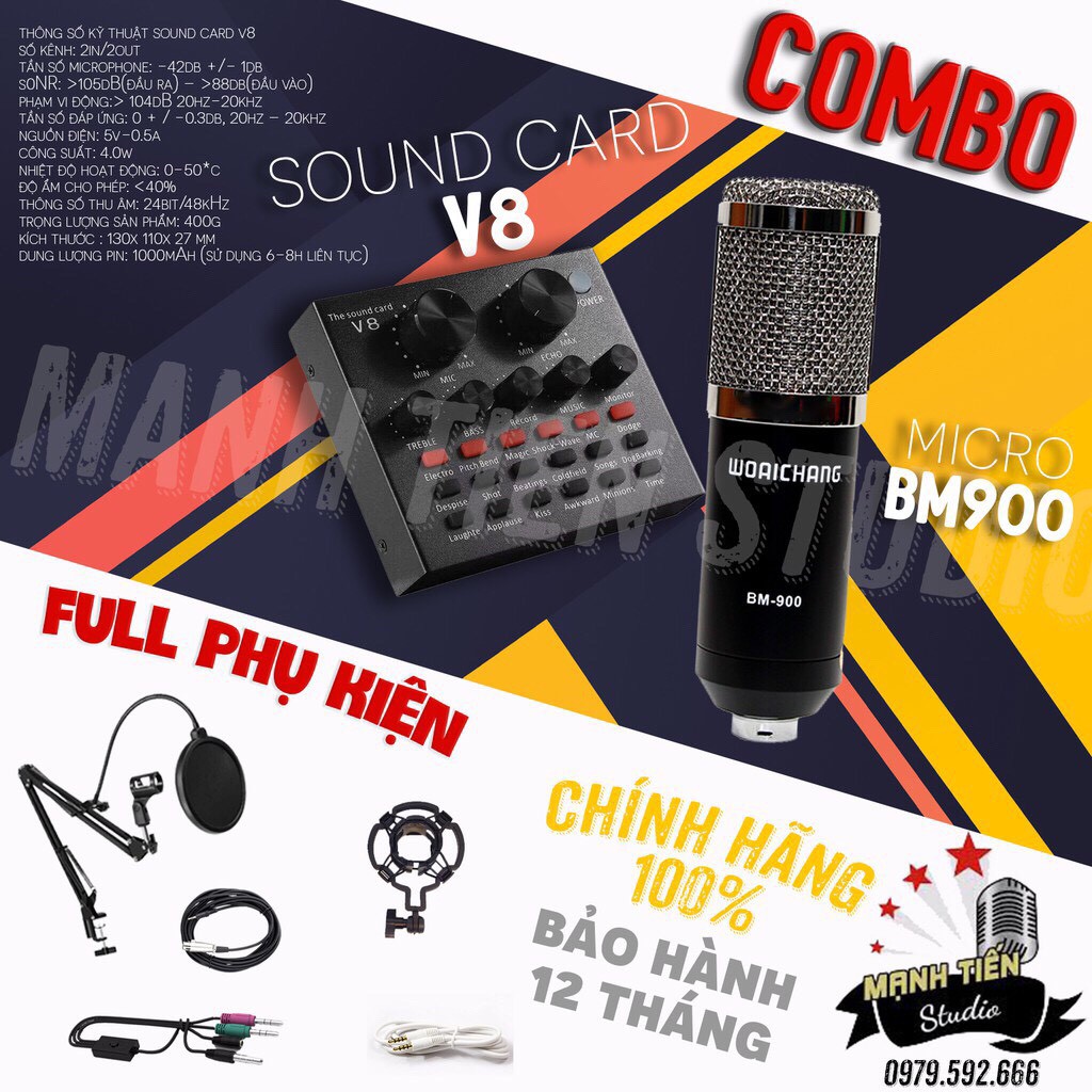 [Combo Chuẩn] Trọn bộ BM900 + Soundcard V8 giúp cho công việc livestream, bán hàng online, hát karaoke, quay vlog,tiktok