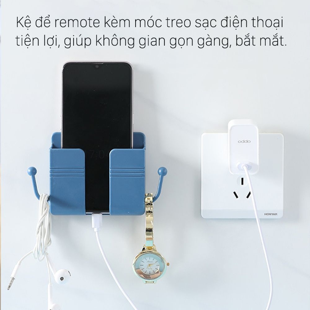 Kệ dán tường có tai dể remote, đồ dùng, giá đỡ sạc điện thoại, có móc treo chìa khóa, dây Sạc (cao cấp)