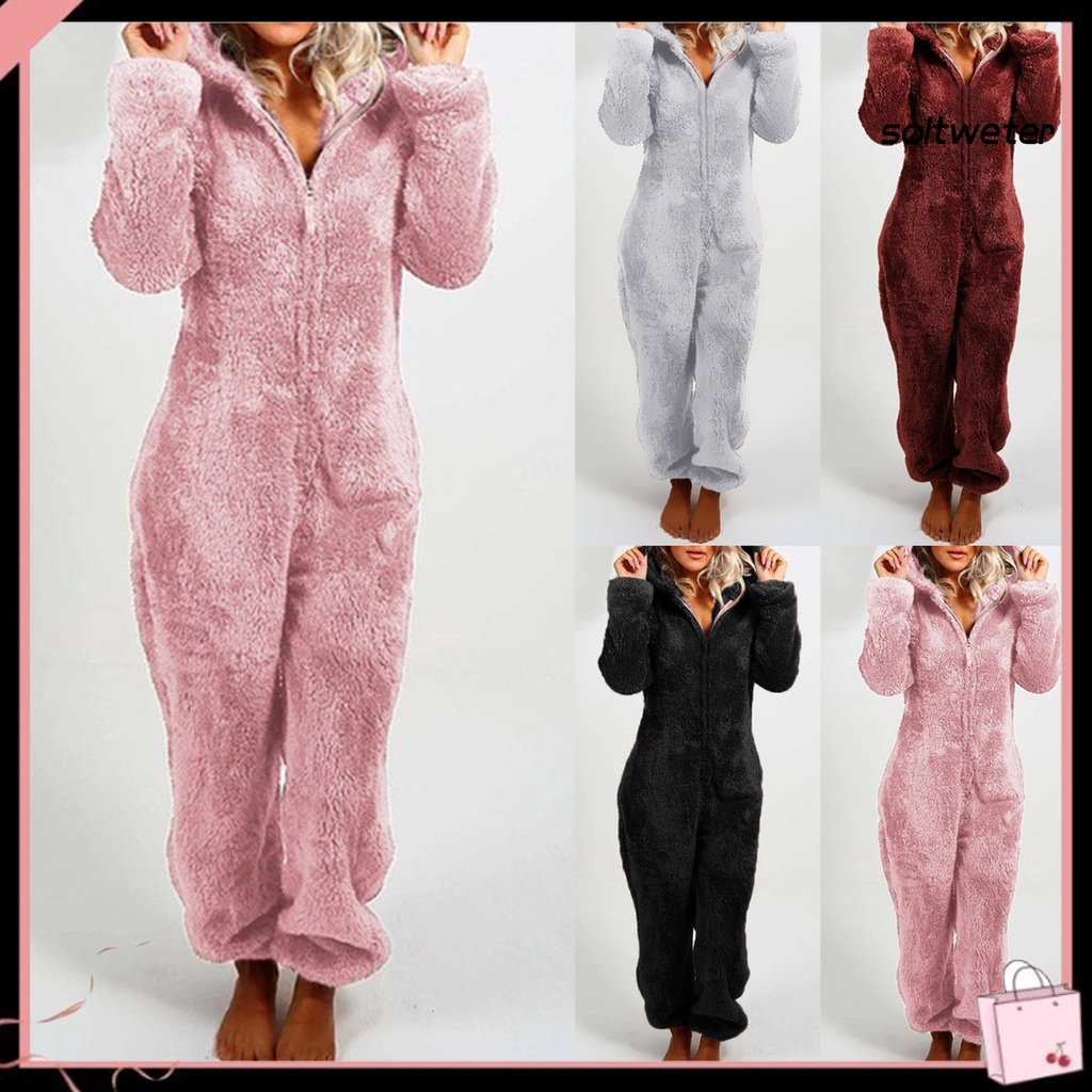 Bộ đồ ngủ liền thân tay dài có mũ trùm phối khóa kéo thời trang mùa đông cho nữ