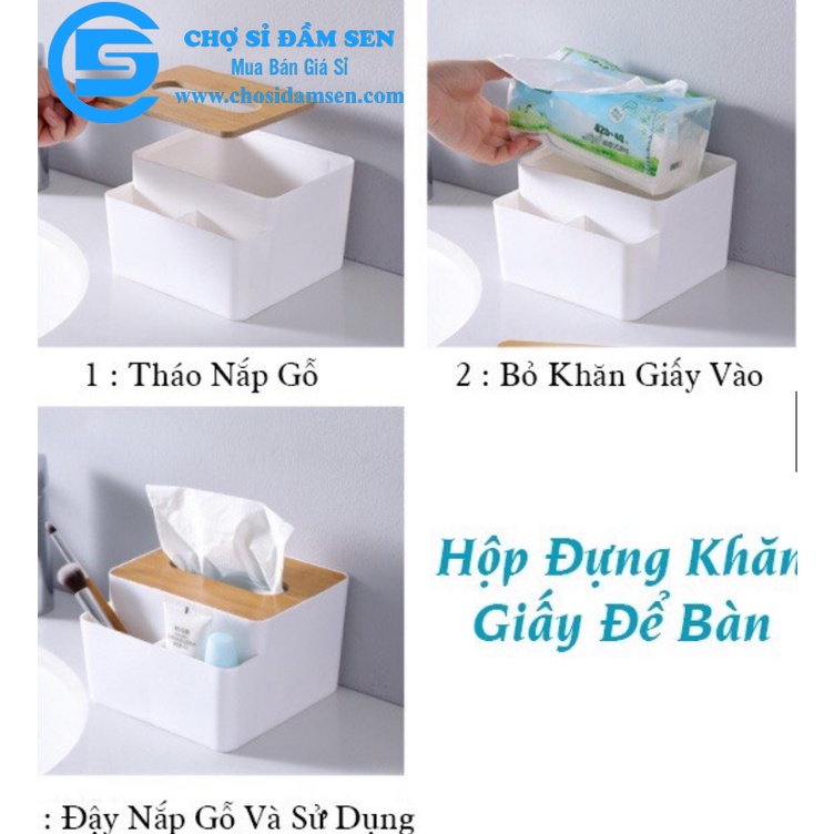 Hộp đựng giấy ăn vuông có ngăn để đồ đa năng, Hộp khăn giấy tivi cao cấp nắp gỗ G365-HKGV-2N