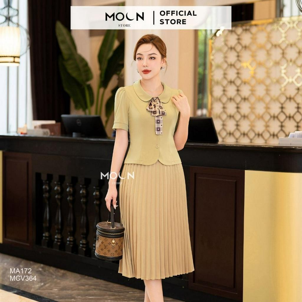 Áo sơ mi ngắn tay chân váy 𝐌𝐎𝐎𝐍 áo chất trượt mịn dáng ngắn mix chân váy chéo lỳ MA172-MCV364