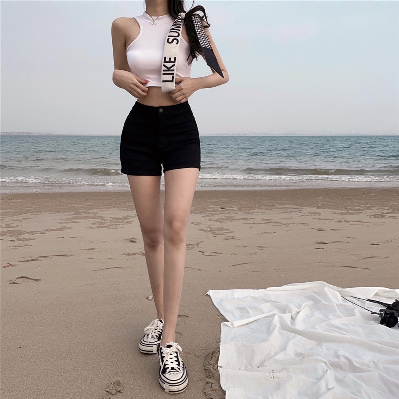 Quần short nữ Mercy, quần đùi cạp cao gen bụng vải kaki mềm đen trắng Mia Shore - M509