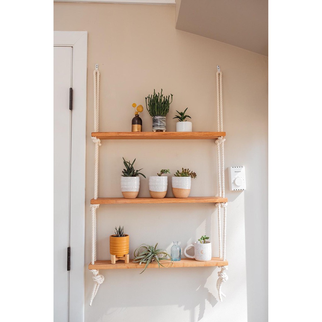 Kệ treo 3 tầng decor trang trí nhà cửa để đồ lưu niệm cây cảnh mini gỗ thông tự nhiên kích thước 10x30cm