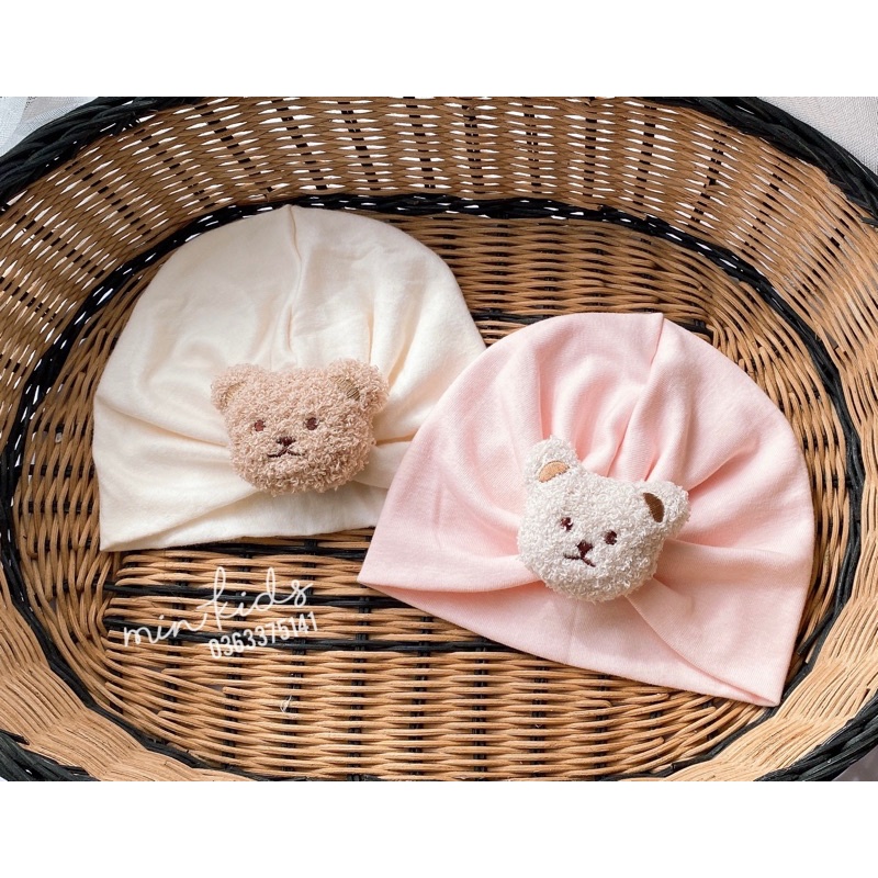 Mũ turban đính gấu bông cho bé sơ sinh
