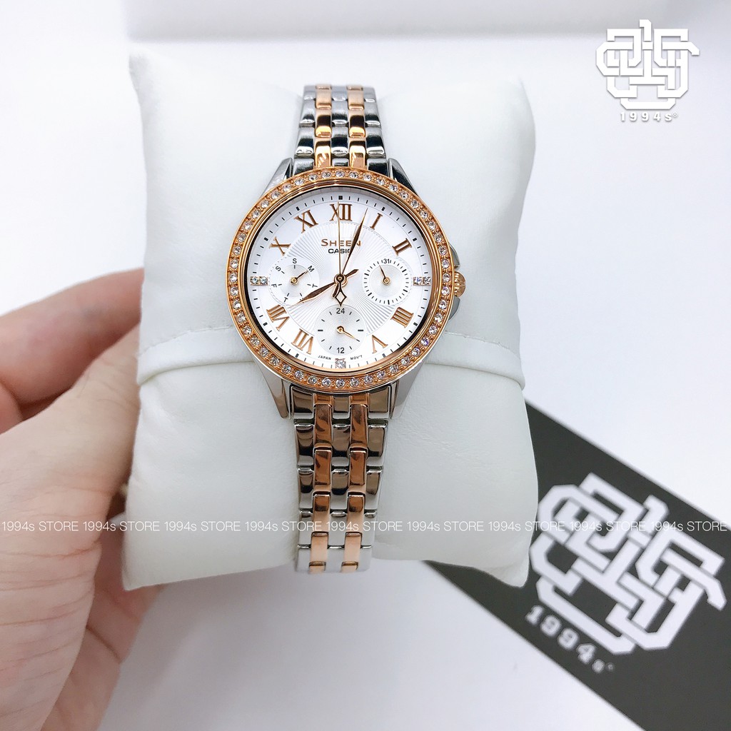 Đồng hồ nữ Casio Sheen SHE-3062 / SHE-3062SPG-7A đính đá pha lê Swarovski, chống nước 50m, size 33mm, hàng chính hãng