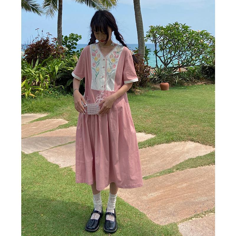 Đầm suông tay ngắn in hình hoa Tulip thời trang Hàn Quốc cho nữ