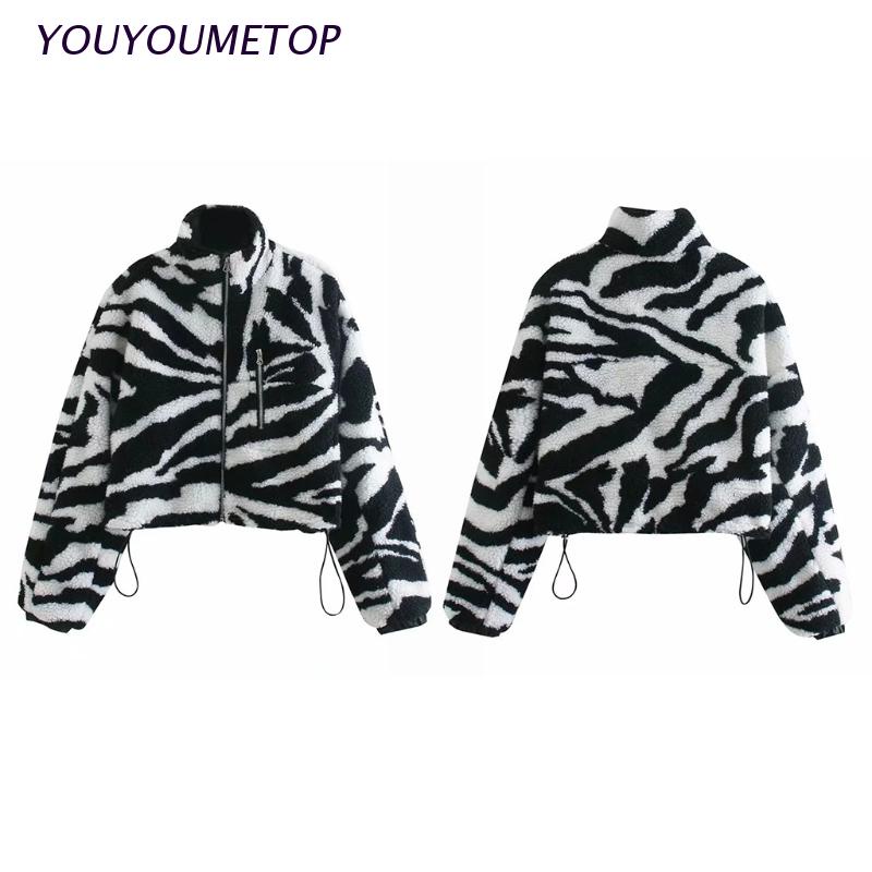 Áo khoác tay dài họa tiết da ngựa vằn khóa kéo làm bằng lông thú giả giữ ấm vào mùa đông dáng ngắn cao cấp