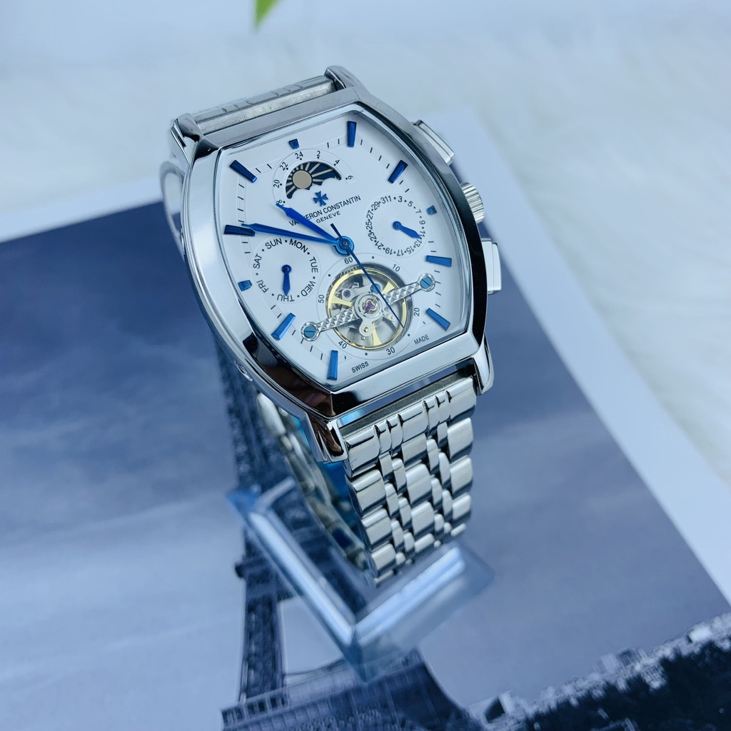 Đồng hồ Nam Vacheron máy nhật mẫu mặt vuông KIM XANH trắng dây thép dòng cơ Automatic size 40mm-41mm