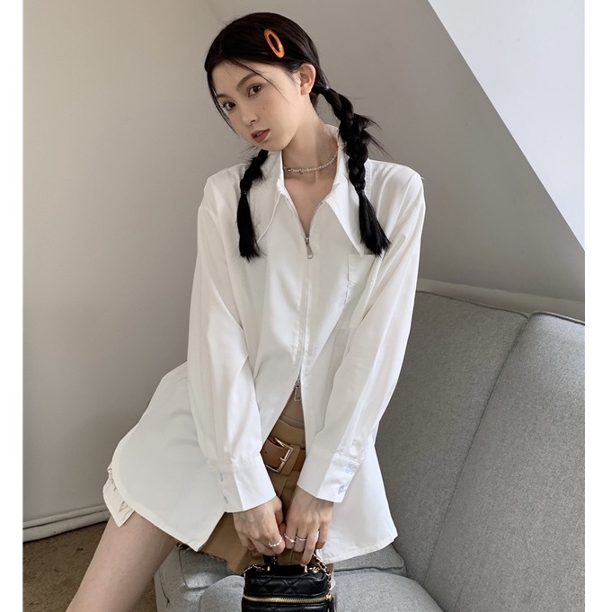 QKOOLE Áo sơ mi  tay dài dáng rộng màu trơn có khóa kéo đôi phong cách Hàn Quốc cho nữ