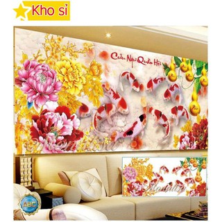 Tranh đính đá phong thủy Cửu ngư quần hội, hoa mẫu đơn Y8267 (130x65cm) [KHO SỈ] Tranh chất lượng cao