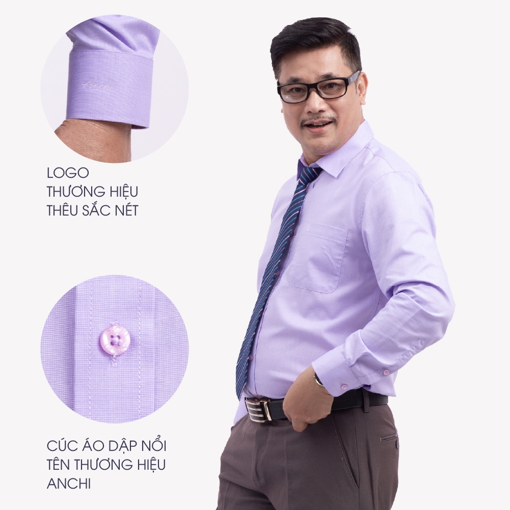 Áo Sơ Mi Nam Dài Tay Trung Niên ANCHI Màu Tím Nhạt Trơn Vải Sợi Tre Cao Cấp