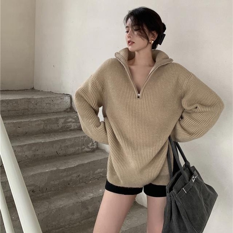 Áo len tay dài cổ cao dáng rộng xẻ tà phối khóa kéo thời trang cho nữ 37912