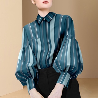 Áo sơ mi kẻ sọc tay phồng ôm eo thời trang phong cách phương tây cho nữ