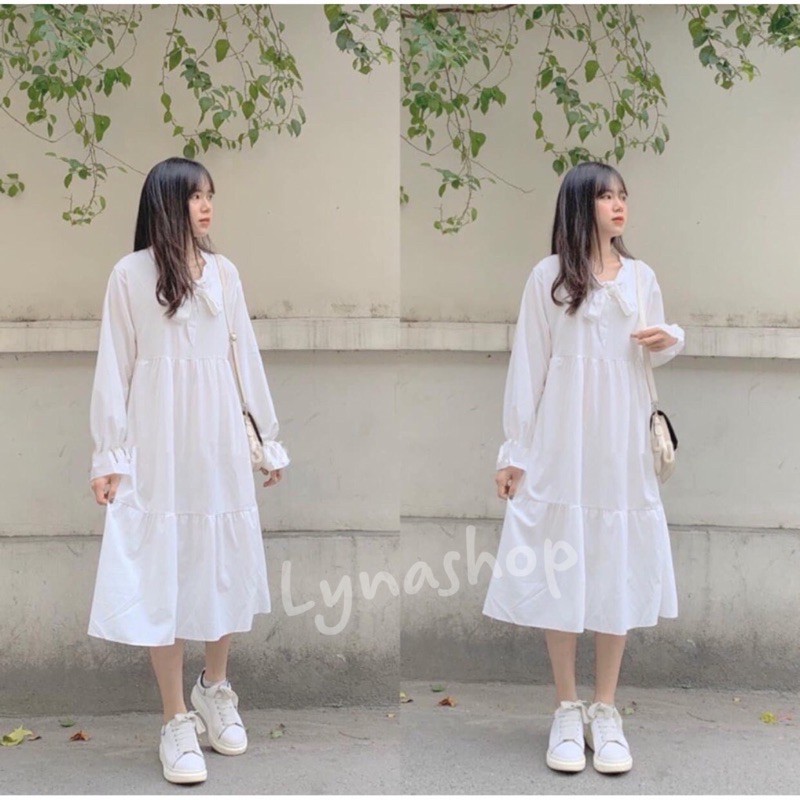 Đầm Babydoll 🍉 Váy babydoll  trắng Nơ Ngực 🍉FREESHIP🍉 Váy Nữ Tay Bồng Dáng Suông 2 Màu mặc lên siêu xinh